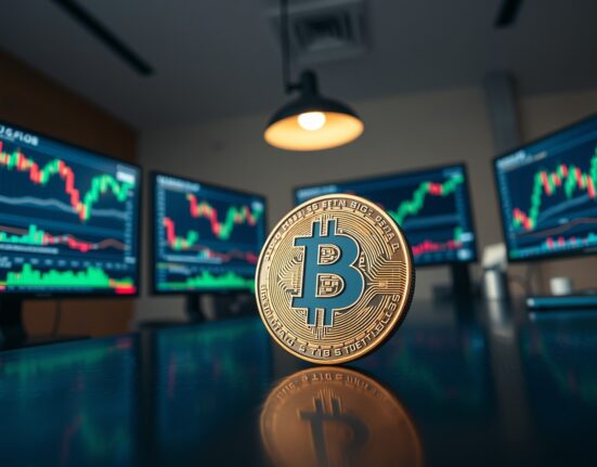 Bitcoin coin on desk with financial charts in background, representing market analysis