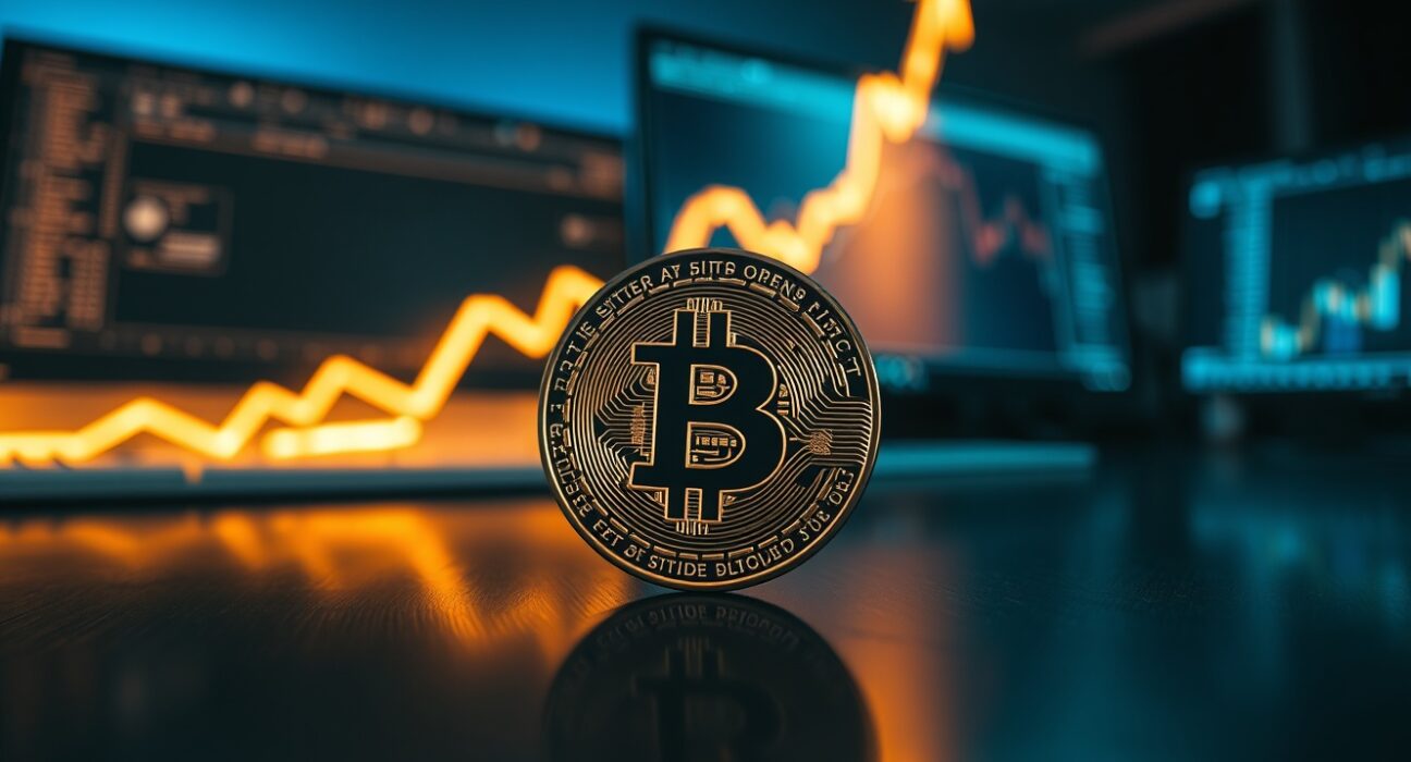 Bitcoin coin on dark surface with glowing upward chart projection suggesting bullish momentum