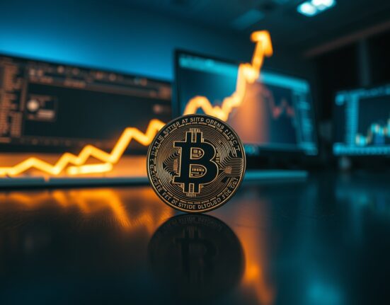 Bitcoin coin on dark surface with glowing upward chart projection suggesting bullish momentum