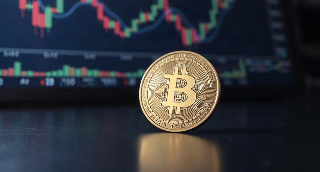 Bitcoin coin in foreground with blurred trading charts in background, symbolizing market analysis.