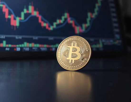 Bitcoin coin in foreground with blurred trading charts in background, symbolizing market analysis.