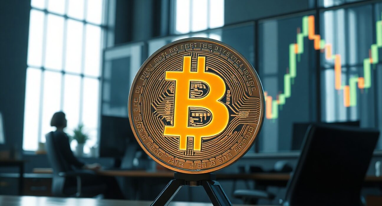 Bitcoin coin with trading chart in background, representing macro bottom analysis