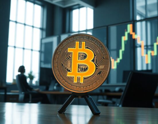Bitcoin coin with trading chart in background, representing macro bottom analysis