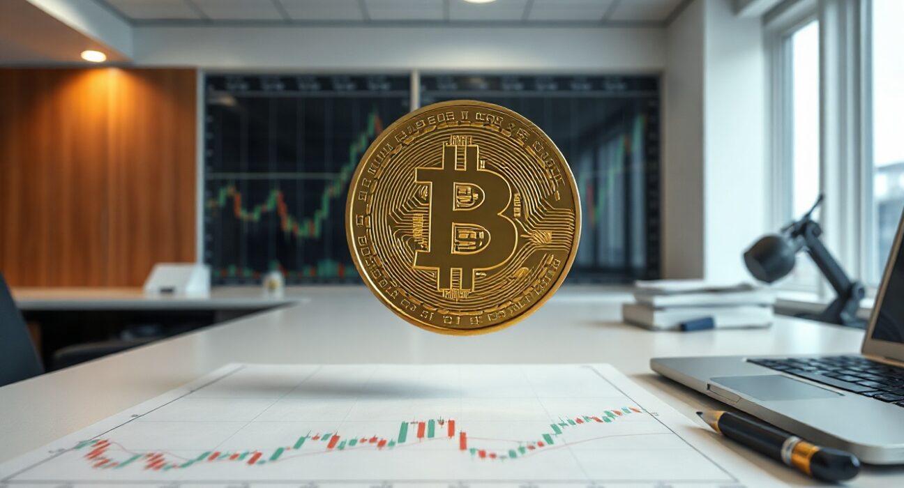 Bitcoin coin on a financial chart with candlesticks and moving averages in a trading office