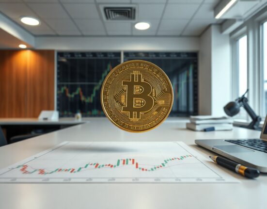 Bitcoin coin on a financial chart with candlesticks and moving averages in a trading office
