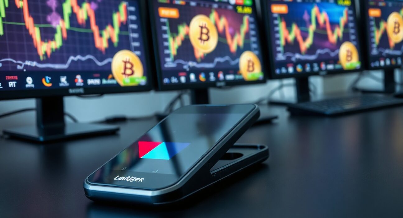A hardware wallet on a desk with Bitcoin charts in the background, illustrating the Coldcard hack impact on Bitcoin storage.