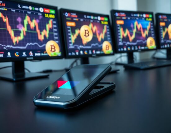 A hardware wallet on a desk with Bitcoin charts in the background, illustrating the Coldcard hack impact on Bitcoin storage.