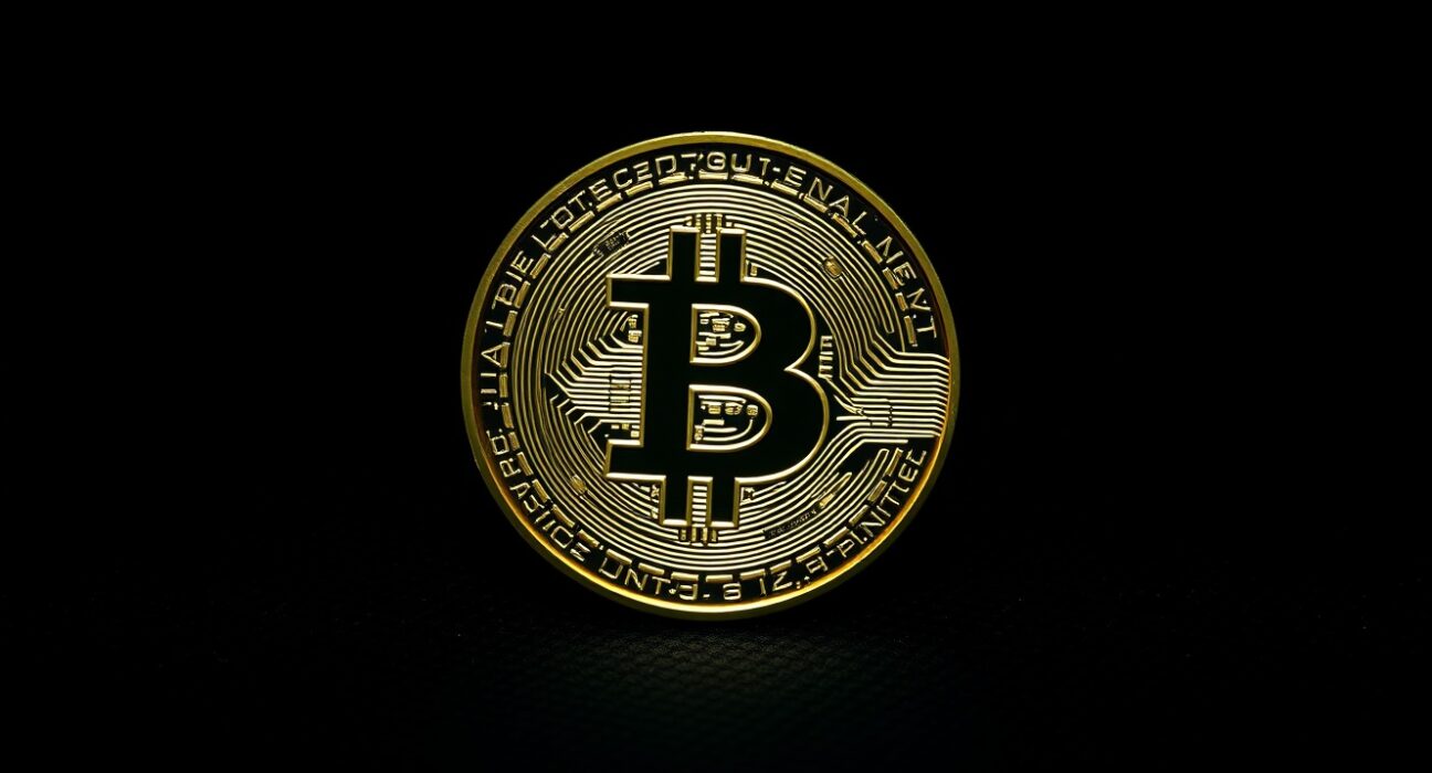 Bitcoin coin on dark surface, symbolizing critical price resistance level analysis.