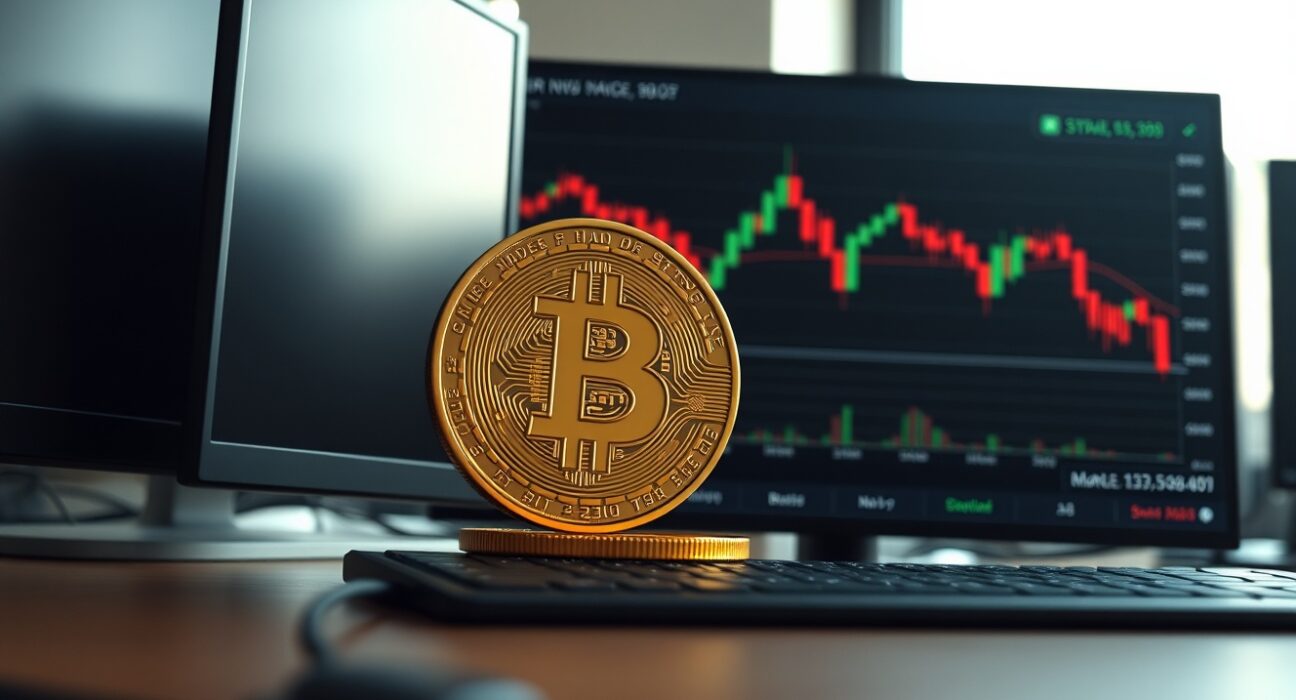 Bitcoin coin on a trading desk with a stock chart showing price levels and candlesticks