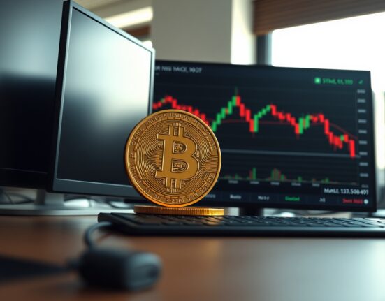 Bitcoin coin on a trading desk with a stock chart showing price levels and candlesticks