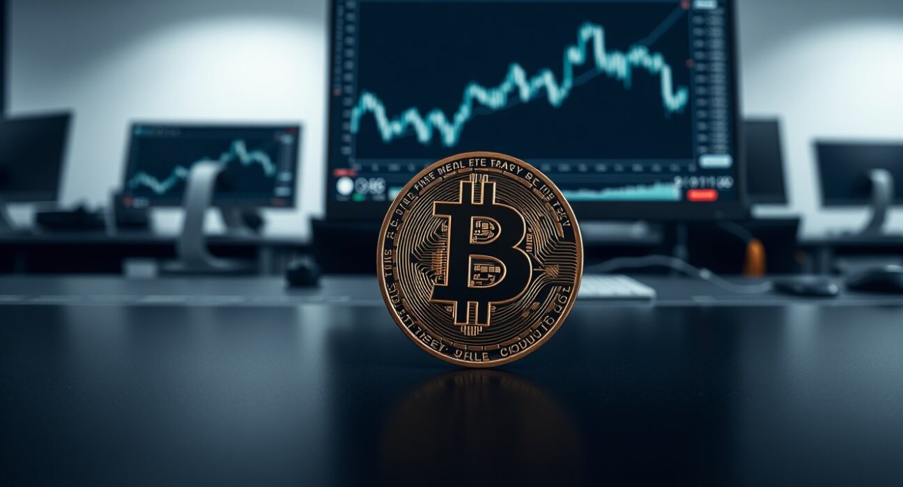 Bitcoin coin on trading desk with muted price chart in background