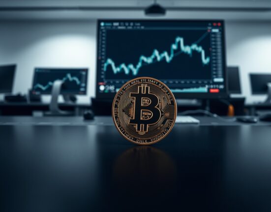 Bitcoin coin on trading desk with muted price chart in background