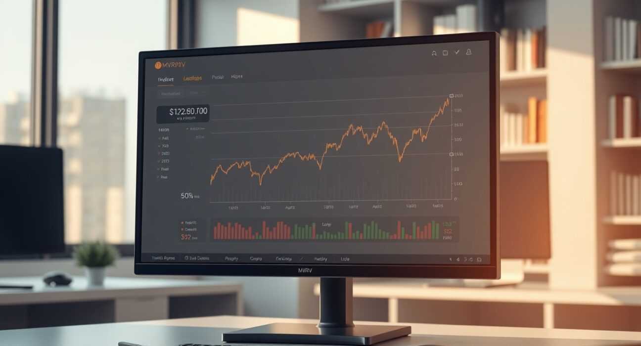 Analyst monitoring Bitcoin MVRV indicator graph showing a significant dip on a financial dashboard.