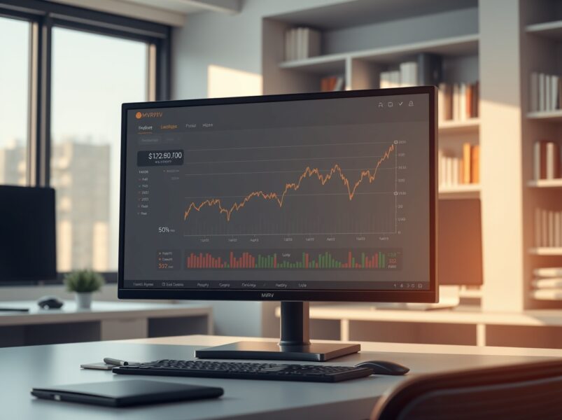 Analyst monitoring Bitcoin MVRV indicator graph showing a significant dip on a financial dashboard.