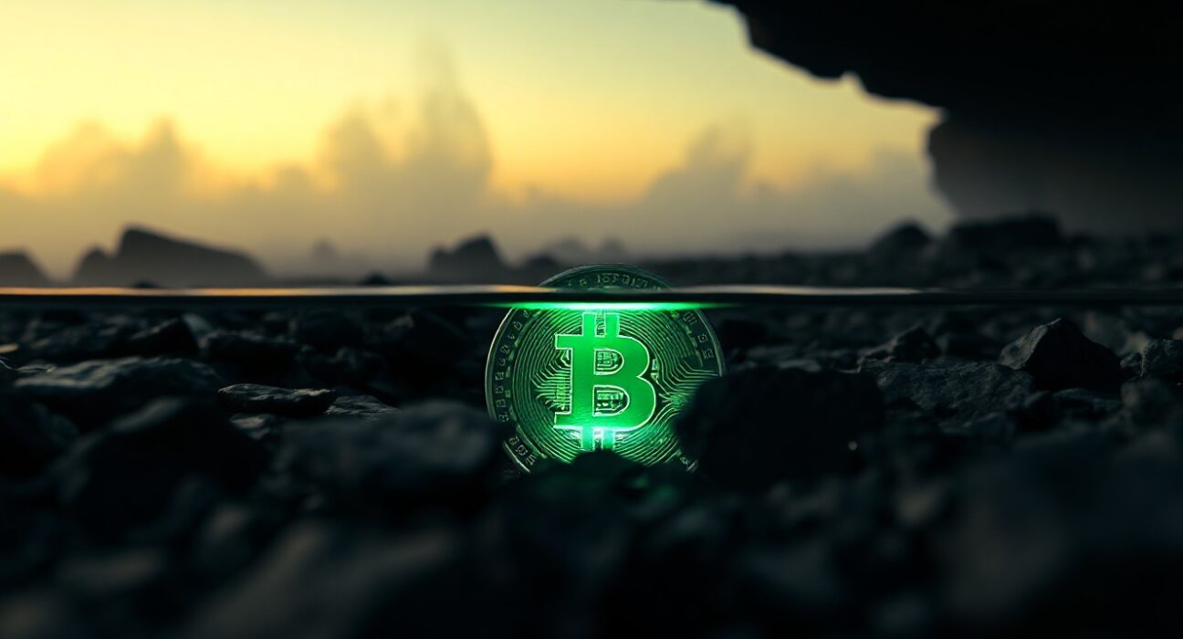 Bitcoin coin glowing green in dark rocky terrain, symbolizing on-chain metric bottom signal.