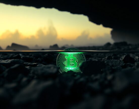 Bitcoin coin glowing green in dark rocky terrain, symbolizing on-chain metric bottom signal.