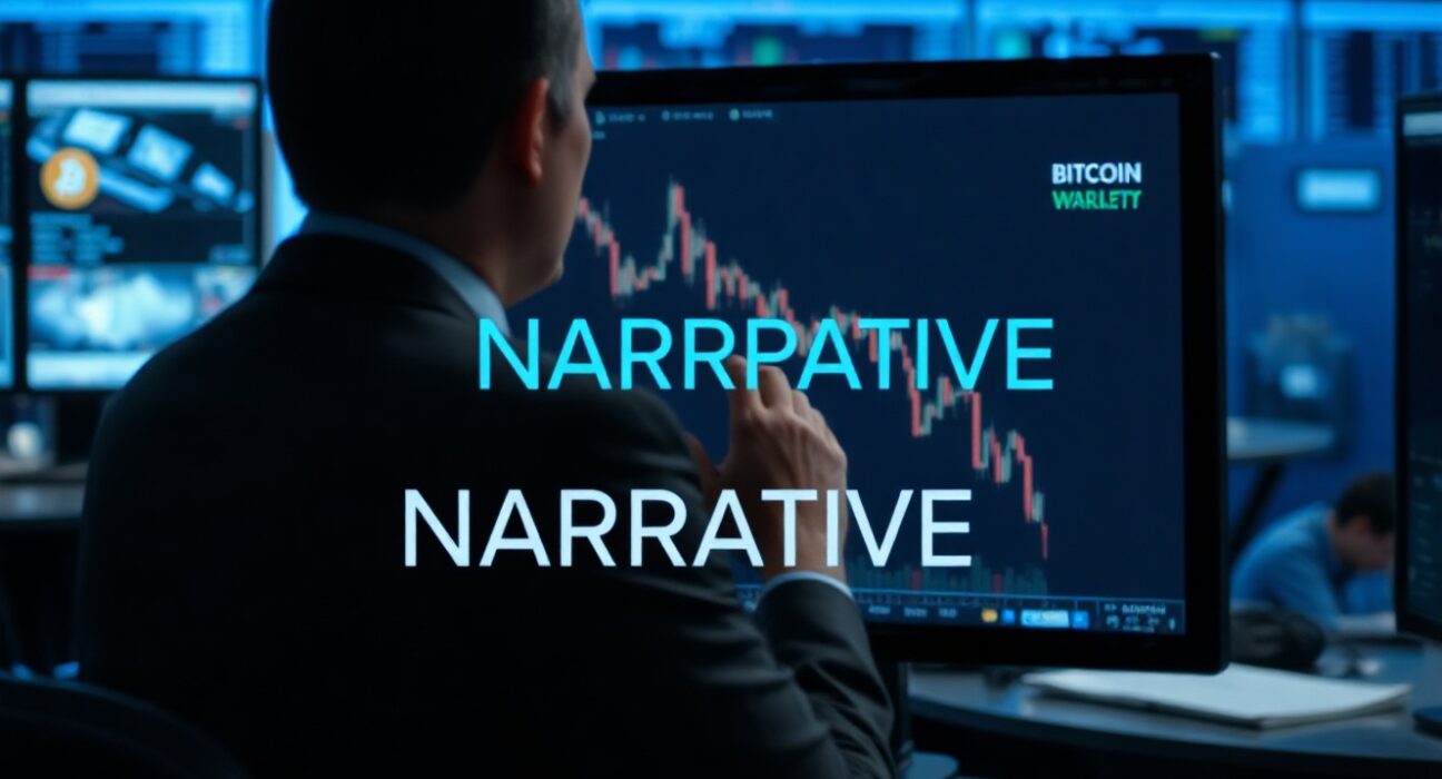 Bloomberg Terminal showing Bitcoin price chart with analyst discussing narrative shift