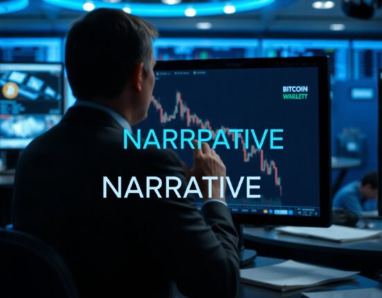 Bloomberg Terminal showing Bitcoin price chart with analyst discussing narrative shift