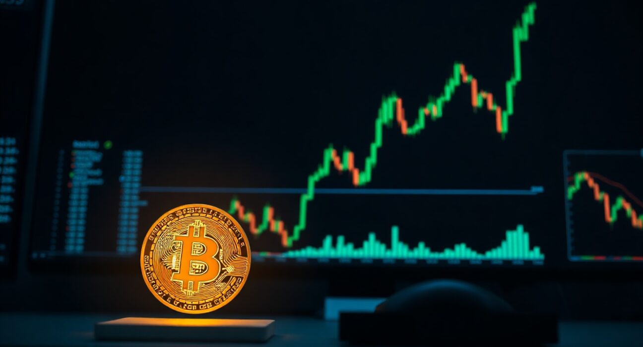 Bitcoin coin next to an upward-trending stock chart representing Nasdaq divergence