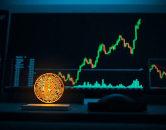 Bitcoin coin next to an upward-trending stock chart representing Nasdaq divergence