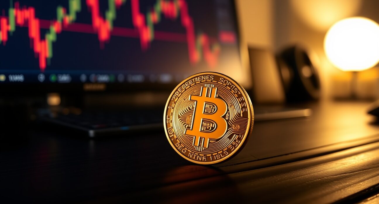 Bitcoin coin on a desk with a blurred stock chart in the background