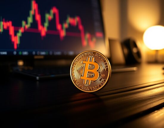 Bitcoin coin on a desk with a blurred stock chart in the background