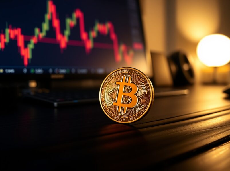 Bitcoin coin on a desk with a blurred stock chart in the background