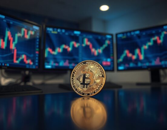 Bitcoin coin in a trading environment with monitors showing market charts, symbolizing market bottom analysis