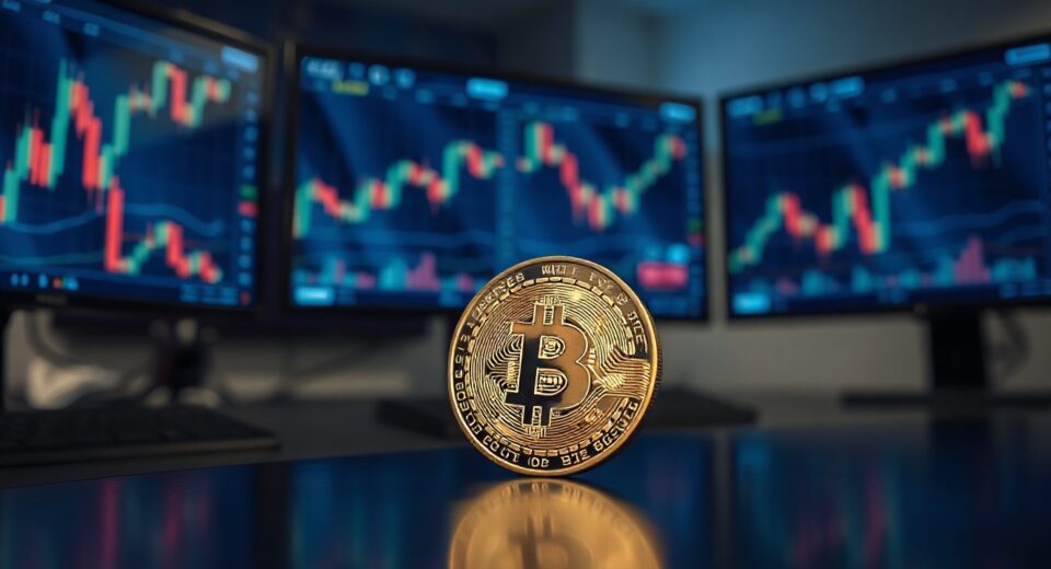 Bitcoin coin in a trading environment with monitors showing market charts, symbolizing market bottom analysis