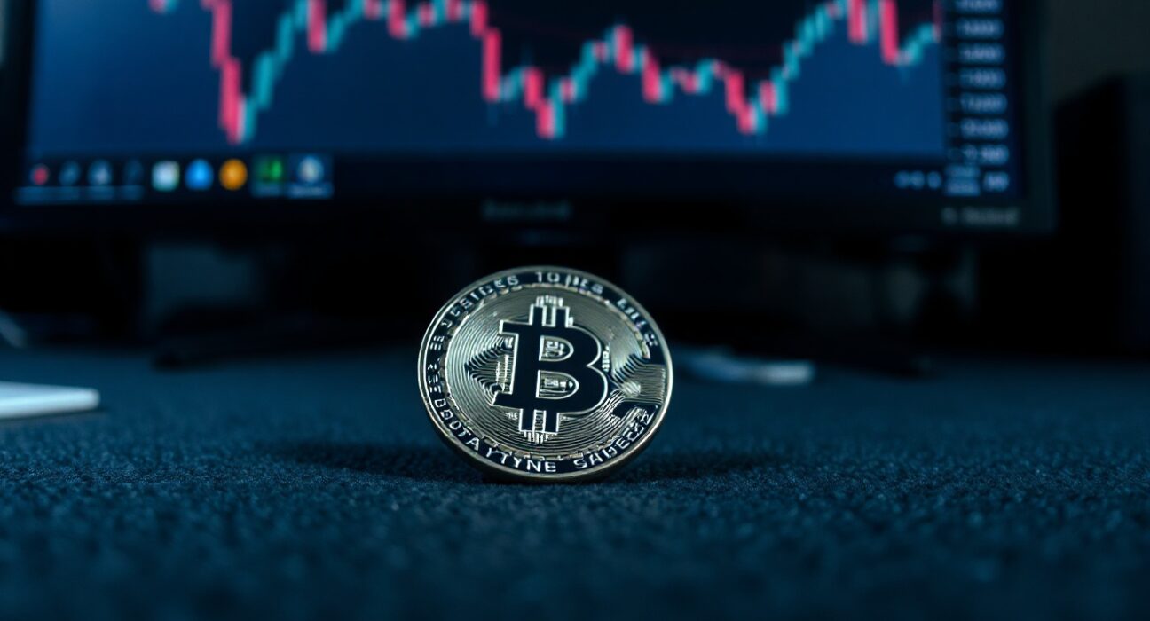 Bitcoin coin in foreground with blurred bearish chart on monitor in background