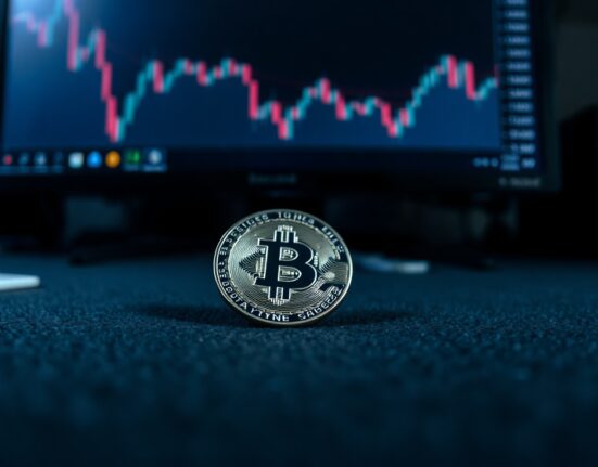 Bitcoin coin in foreground with blurred bearish chart on monitor in background