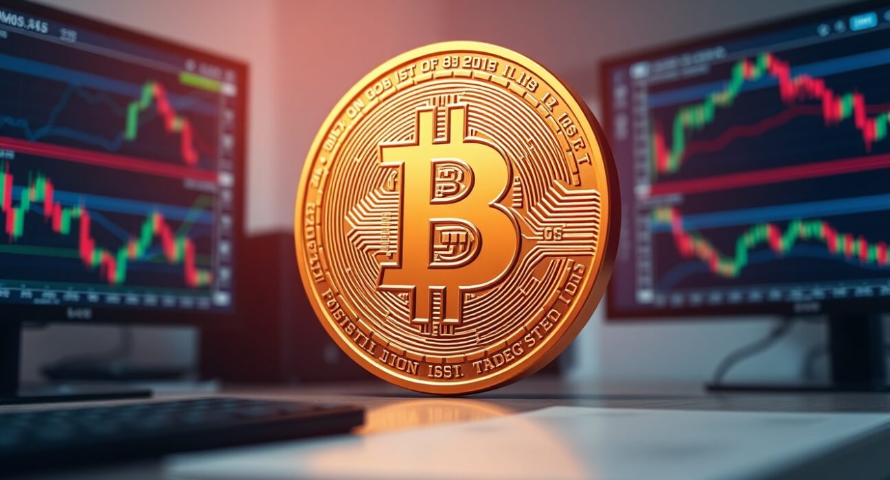 Bitcoin coin in foreground with trading charts in background, symbolizing market analysis and short-term holder behavior.