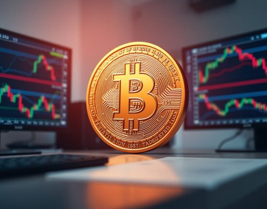 Bitcoin coin in foreground with trading charts in background, symbolizing market analysis and short-term holder behavior.