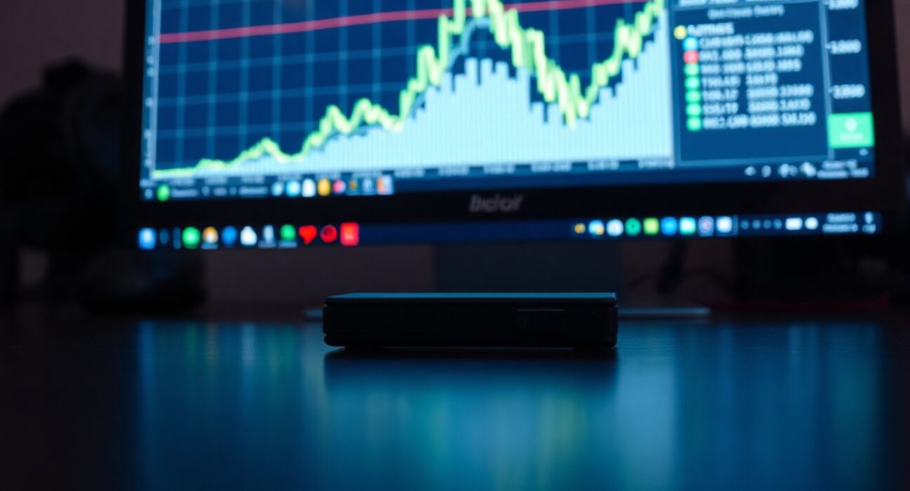 Bitcoin hardware wallet on desk with chart spike in background