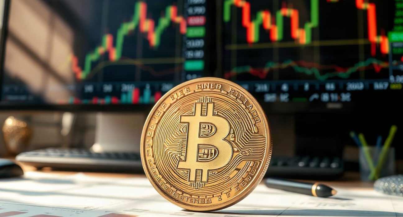 Bitcoin coin on a financial news desk with market charts in the background