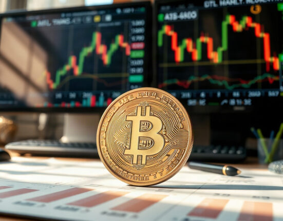 Bitcoin coin on a financial news desk with market charts in the background