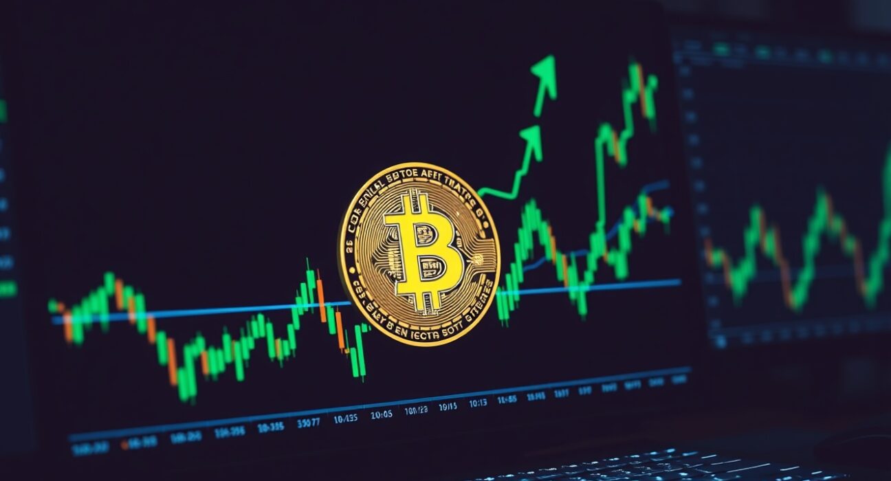 Bitcoin coin on trading chart with green upward momentum, representing bullish technical analysis.