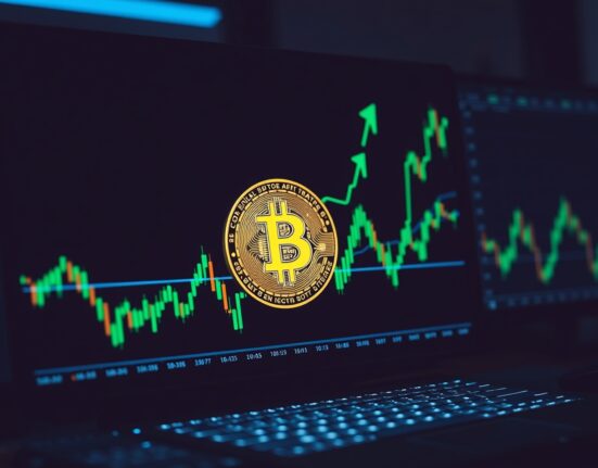 Bitcoin coin on trading chart with green upward momentum, representing bullish technical analysis.