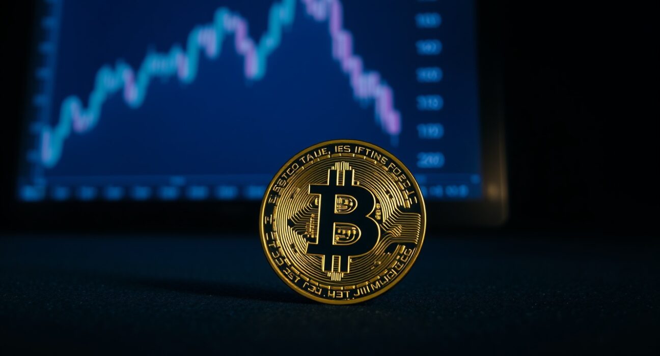 Bitcoin coin on dark surface with a downward-trending financial chart in the background, representing market correction risk.