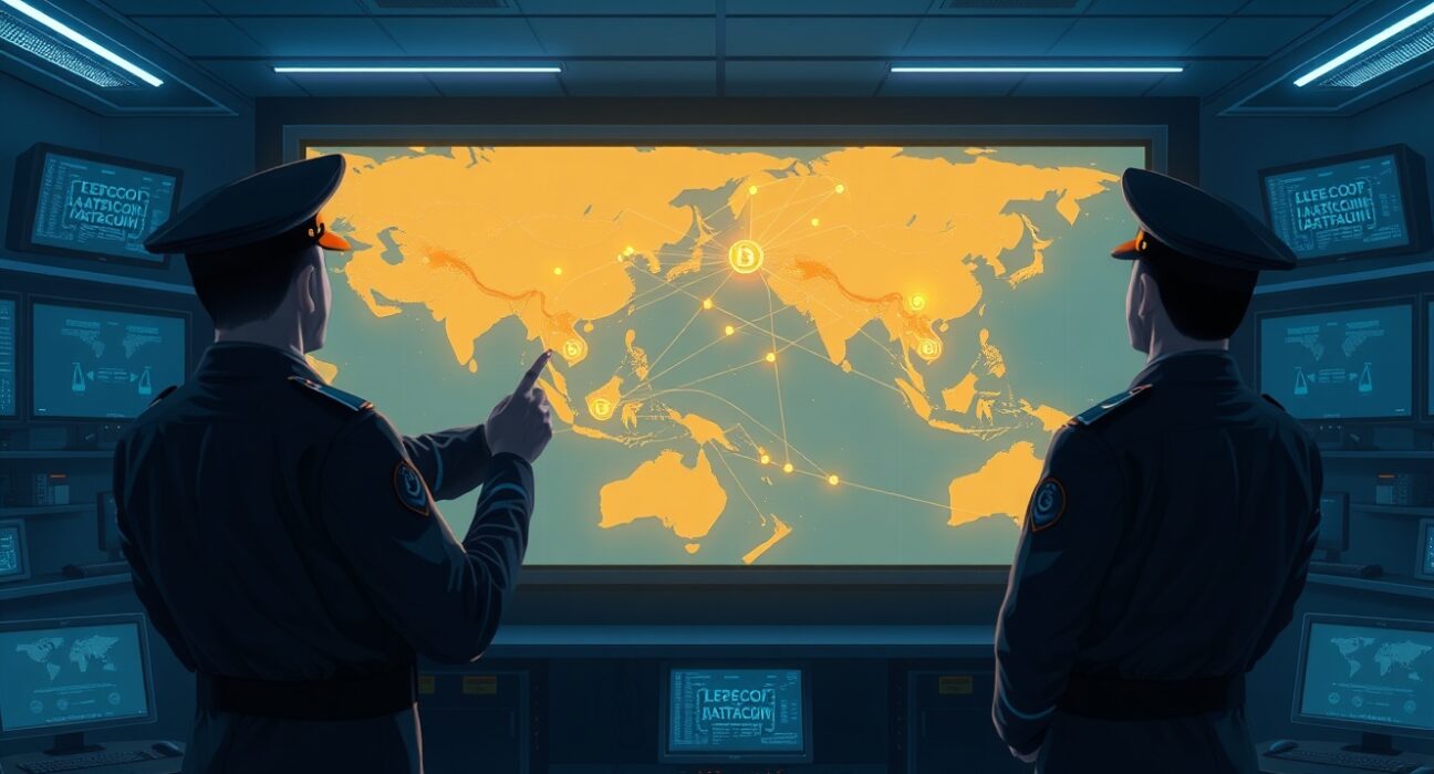 US military officers monitoring a Bitcoin node network map for national security operations
