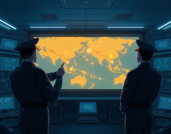 US military officers monitoring a Bitcoin node network map for national security operations