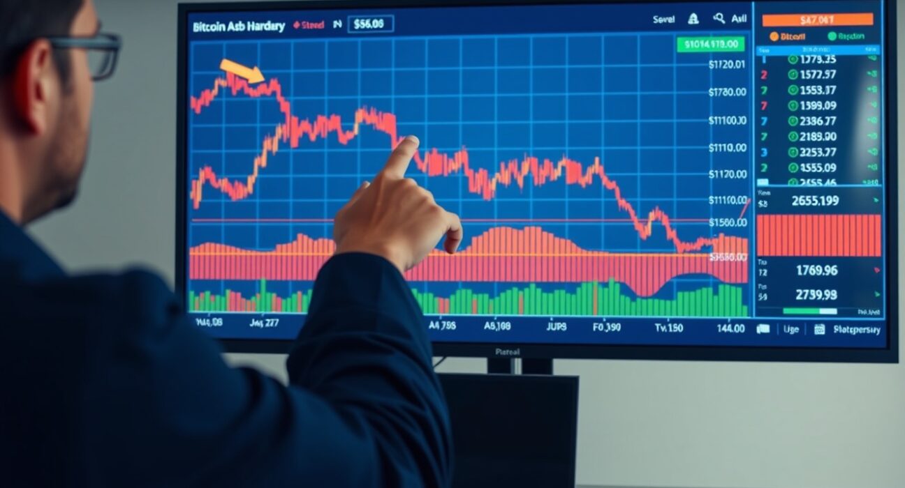 Analyst pointing to Bitcoin price chart with downward trend in trading office