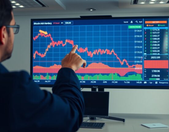 Analyst pointing to Bitcoin price chart with downward trend in trading office