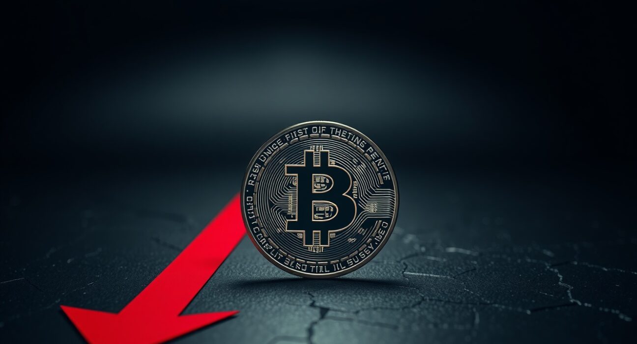 Bitcoin coin on dark cracked surface with shadow arrow suggesting market bottom uncertainty