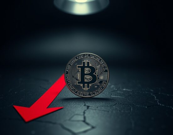 Bitcoin coin on dark cracked surface with shadow arrow suggesting market bottom uncertainty