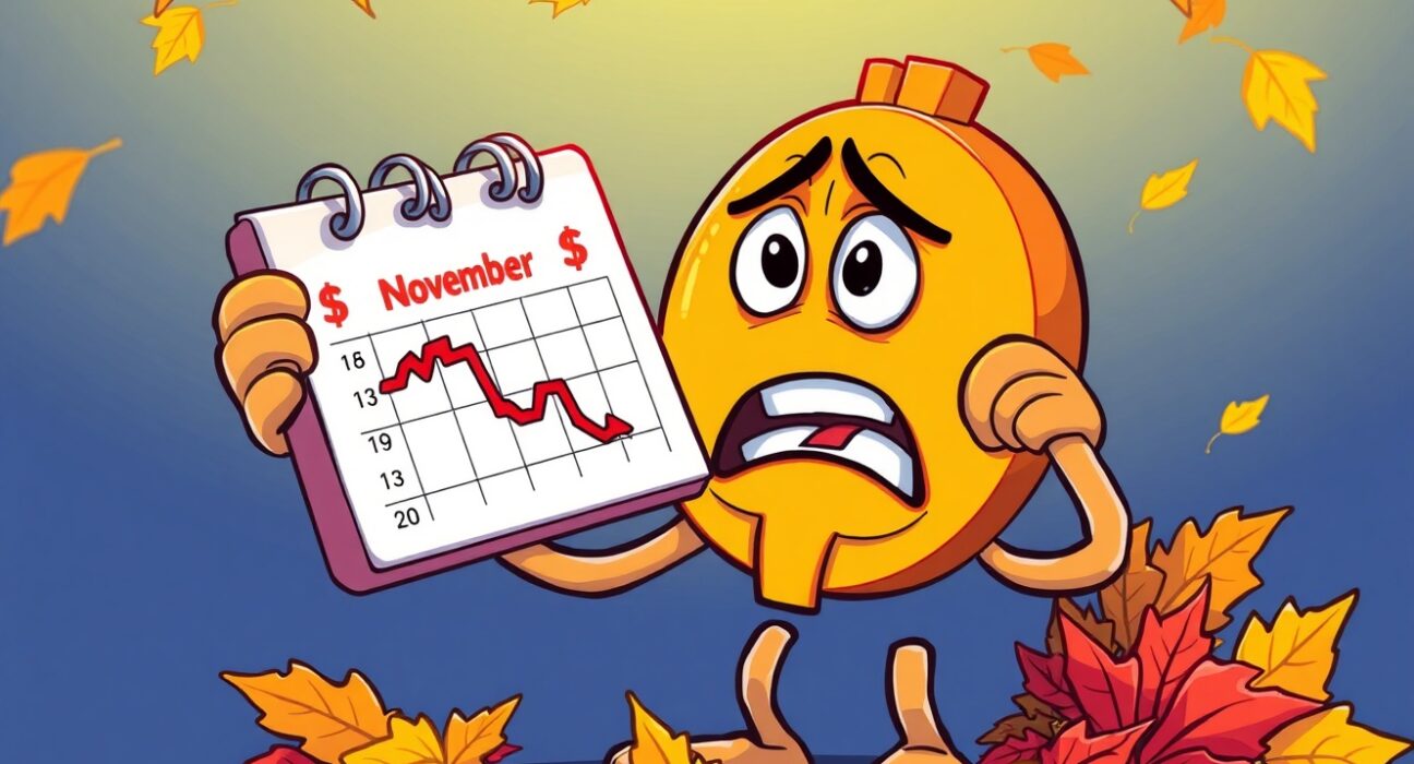 Bitcoin November returns showing unexpected decline in cartoon cryptocurrency market illustration