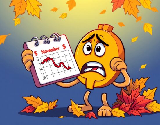 Bitcoin November returns showing unexpected decline in cartoon cryptocurrency market illustration