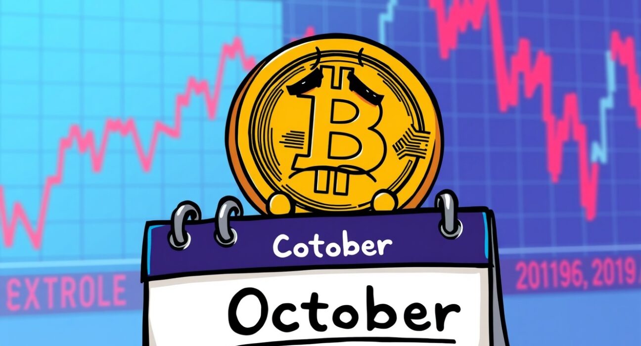 A cartoon Bitcoin coin reflecting on the unexpected Bitcoin October loss, symbolizing the market's recent downturn.