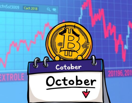 A cartoon Bitcoin coin reflecting on the unexpected Bitcoin October loss, symbolizing the market's recent downturn.