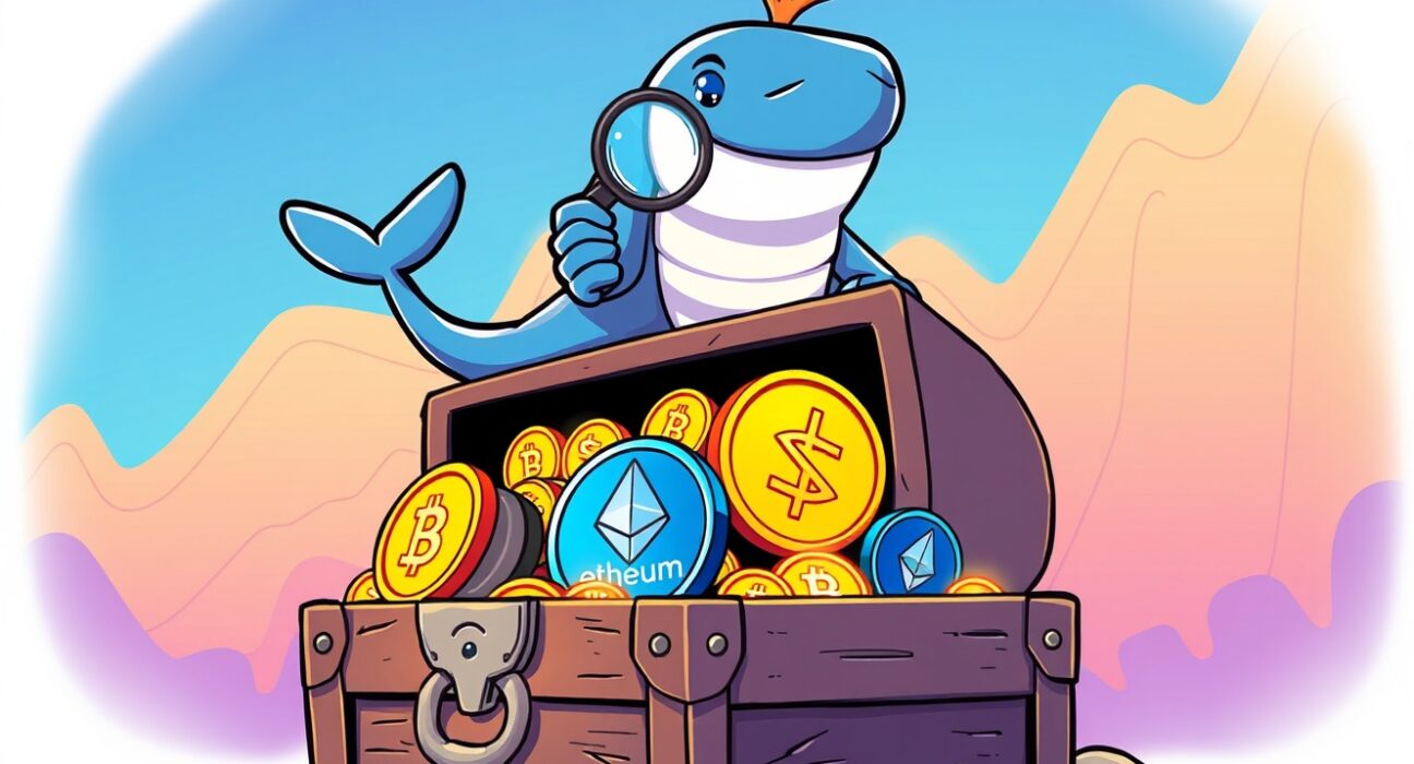 A cartoon crypto whale confidently managing massive leveraged positions in Bitcoin, Ethereum, and Solana.